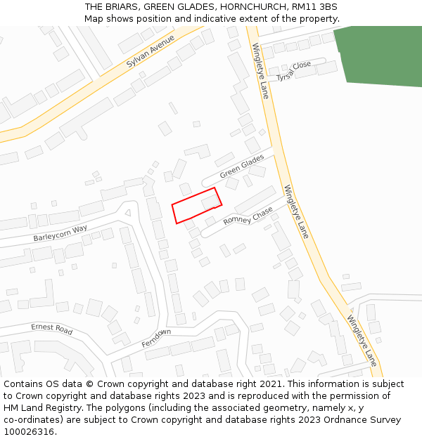 THE BRIARS, GREEN GLADES, HORNCHURCH, RM11 3BS: Location map and indicative extent of plot