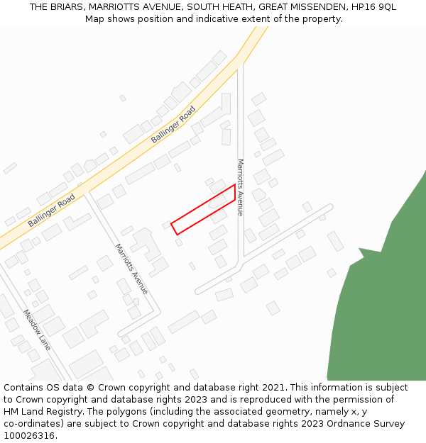 THE BRIARS, MARRIOTTS AVENUE, SOUTH HEATH, GREAT MISSENDEN, HP16 9QL: Location map and indicative extent of plot