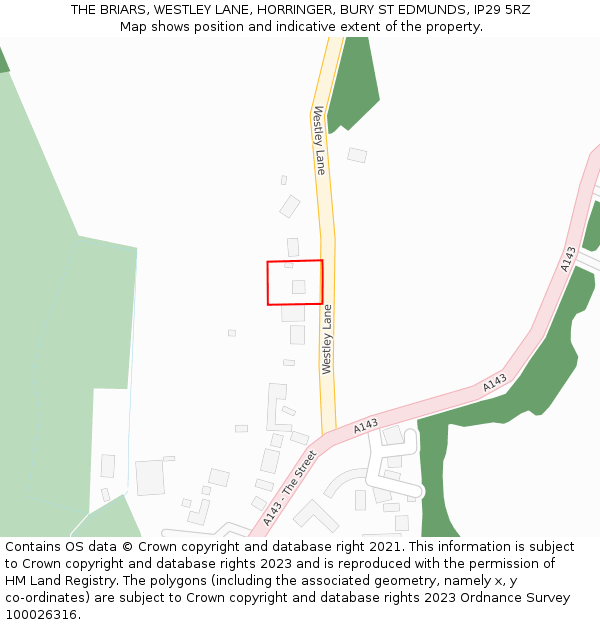 THE BRIARS, WESTLEY LANE, HORRINGER, BURY ST EDMUNDS, IP29 5RZ: Location map and indicative extent of plot