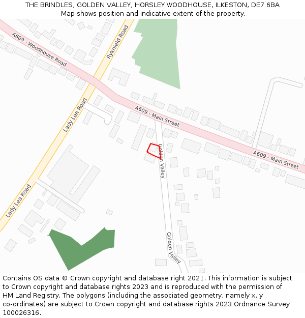 THE BRINDLES, GOLDEN VALLEY, HORSLEY WOODHOUSE, ILKESTON, DE7 6BA: Location map and indicative extent of plot