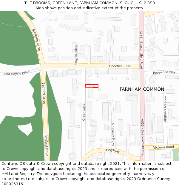 THE BROOMS, GREEN LANE, FARNHAM COMMON, SLOUGH, SL2 3SR: Location map and indicative extent of plot