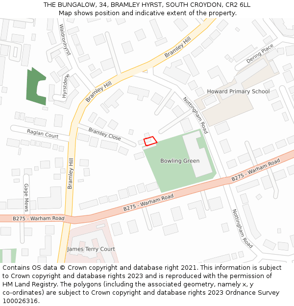 THE BUNGALOW, 34, BRAMLEY HYRST, SOUTH CROYDON, CR2 6LL: Location map and indicative extent of plot