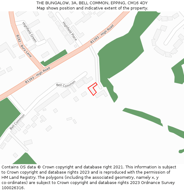 THE BUNGALOW, 3A, BELL COMMON, EPPING, CM16 4DY: Location map and indicative extent of plot