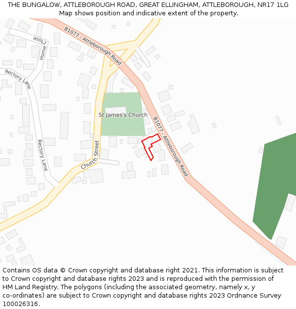 THE BUNGALOW, ATTLEBOROUGH ROAD, GREAT ELLINGHAM, ATTLEBOROUGH, NR17 1LG: Location map and indicative extent of plot