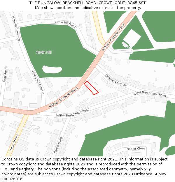 THE BUNGALOW, BRACKNELL ROAD, CROWTHORNE, RG45 6ST: Location map and indicative extent of plot
