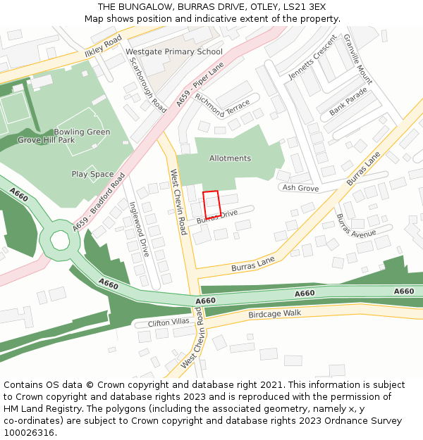 THE BUNGALOW, BURRAS DRIVE, OTLEY, LS21 3EX: Location map and indicative extent of plot