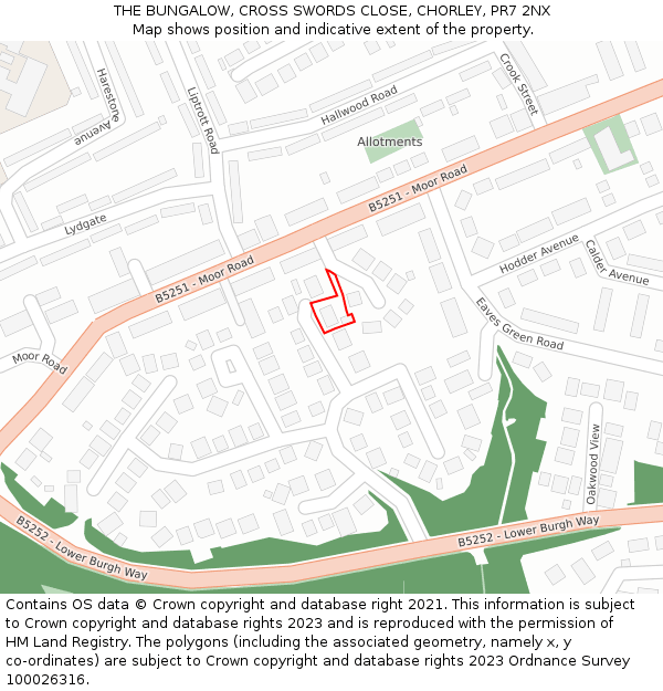 THE BUNGALOW, CROSS SWORDS CLOSE, CHORLEY, PR7 2NX: Location map and indicative extent of plot