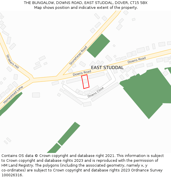 THE BUNGALOW, DOWNS ROAD, EAST STUDDAL, DOVER, CT15 5BX: Location map and indicative extent of plot