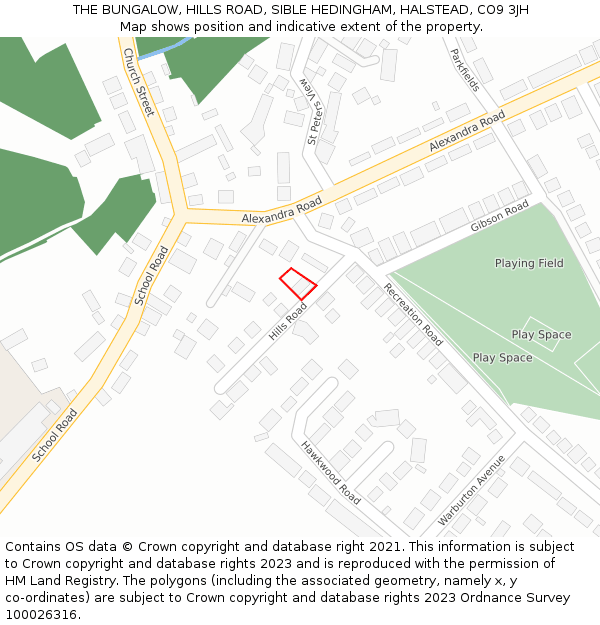 THE BUNGALOW, HILLS ROAD, SIBLE HEDINGHAM, HALSTEAD, CO9 3JH: Location map and indicative extent of plot