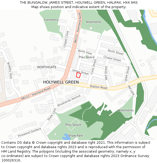 THE BUNGALOW, JAMES STREET, HOLYWELL GREEN, HALIFAX, HX4 9AS: Location map and indicative extent of plot