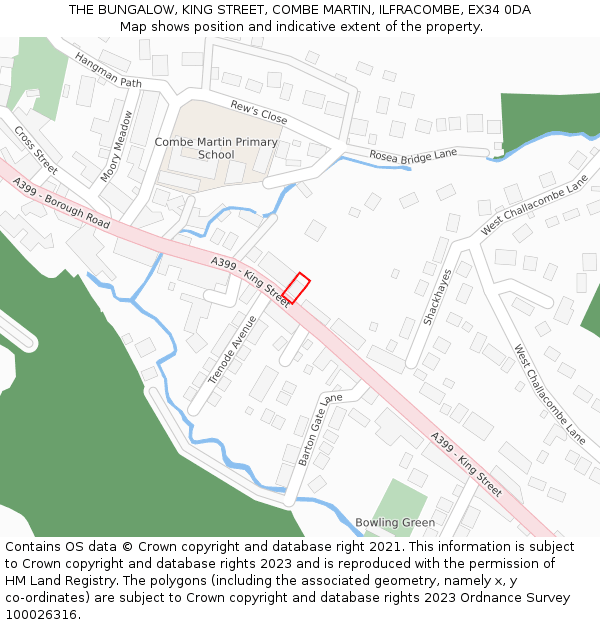 THE BUNGALOW, KING STREET, COMBE MARTIN, ILFRACOMBE, EX34 0DA: Location map and indicative extent of plot