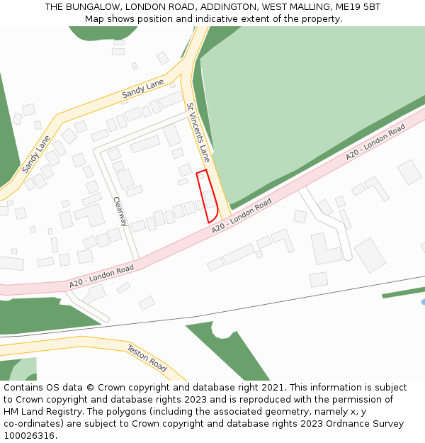 THE BUNGALOW, LONDON ROAD, ADDINGTON, WEST MALLING, ME19 5BT: Location map and indicative extent of plot