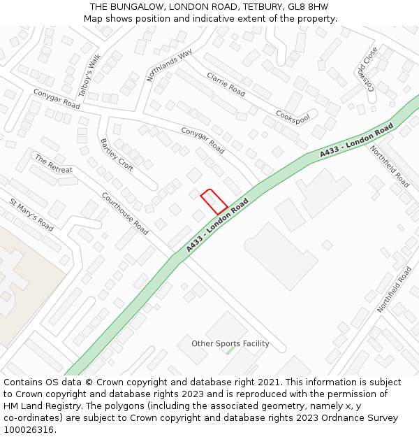 THE BUNGALOW, LONDON ROAD, TETBURY, GL8 8HW: Location map and indicative extent of plot