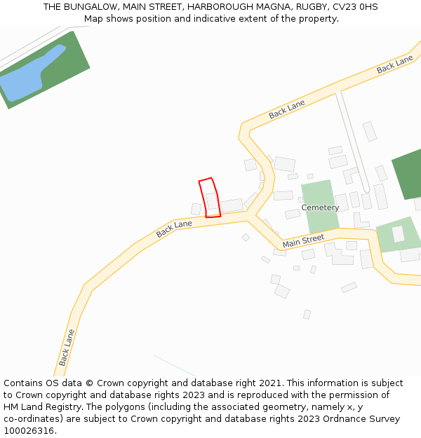 THE BUNGALOW, MAIN STREET, HARBOROUGH MAGNA, RUGBY, CV23 0HS: Location map and indicative extent of plot