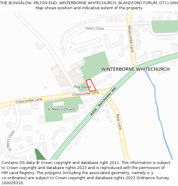 THE BUNGALOW, MILTON END, WINTERBORNE WHITECHURCH, BLANDFORD FORUM, DT11 0AN: Location map and indicative extent of plot