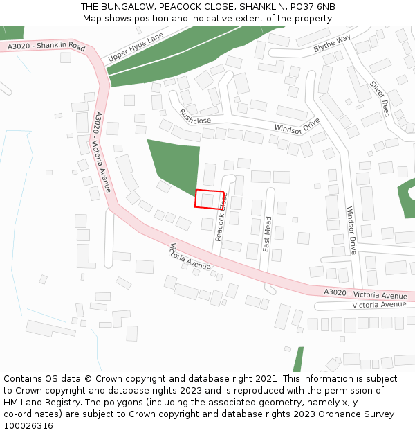 THE BUNGALOW, PEACOCK CLOSE, SHANKLIN, PO37 6NB: Location map and indicative extent of plot