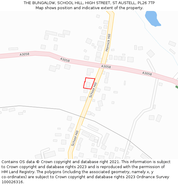 THE BUNGALOW, SCHOOL HILL, HIGH STREET, ST AUSTELL, PL26 7TP: Location map and indicative extent of plot