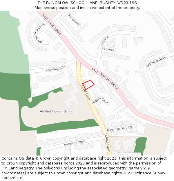 THE BUNGALOW, SCHOOL LANE, BUSHEY, WD23 1SS: Location map and indicative extent of plot