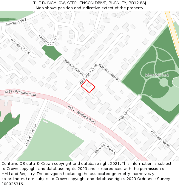 THE BUNGALOW, STEPHENSON DRIVE, BURNLEY, BB12 8AJ: Location map and indicative extent of plot