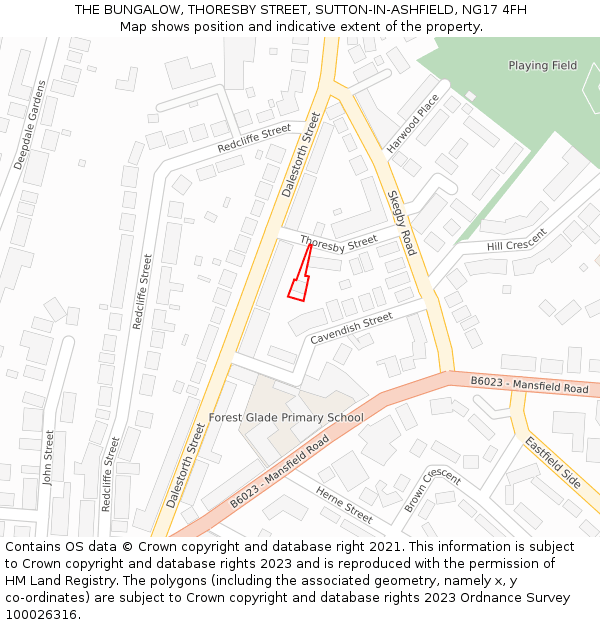 THE BUNGALOW, THORESBY STREET, SUTTON-IN-ASHFIELD, NG17 4FH: Location map and indicative extent of plot