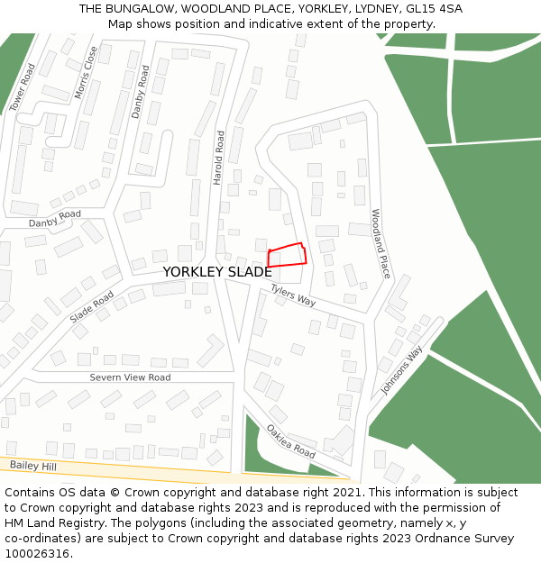 THE BUNGALOW, WOODLAND PLACE, YORKLEY, LYDNEY, GL15 4SA: Location map and indicative extent of plot