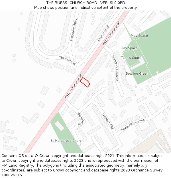 THE BURRS, CHURCH ROAD, IVER, SL0 0RD: Location map and indicative extent of plot