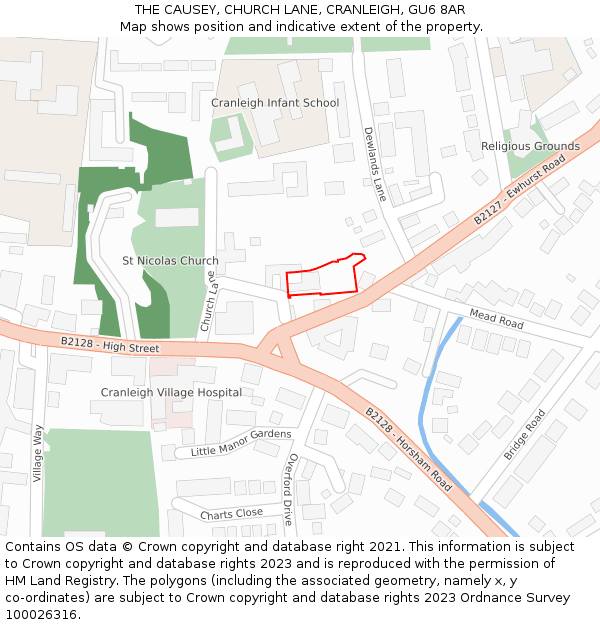 THE CAUSEY, CHURCH LANE, CRANLEIGH, GU6 8AR: Location map and indicative extent of plot