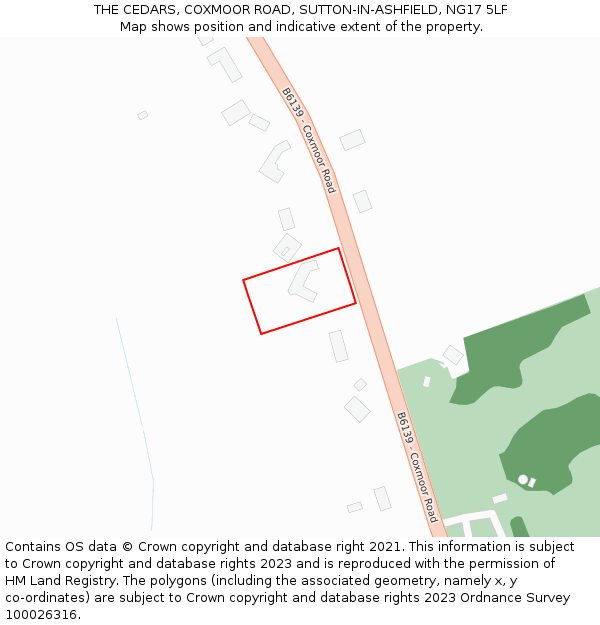 THE CEDARS, COXMOOR ROAD, SUTTON-IN-ASHFIELD, NG17 5LF: Location map and indicative extent of plot