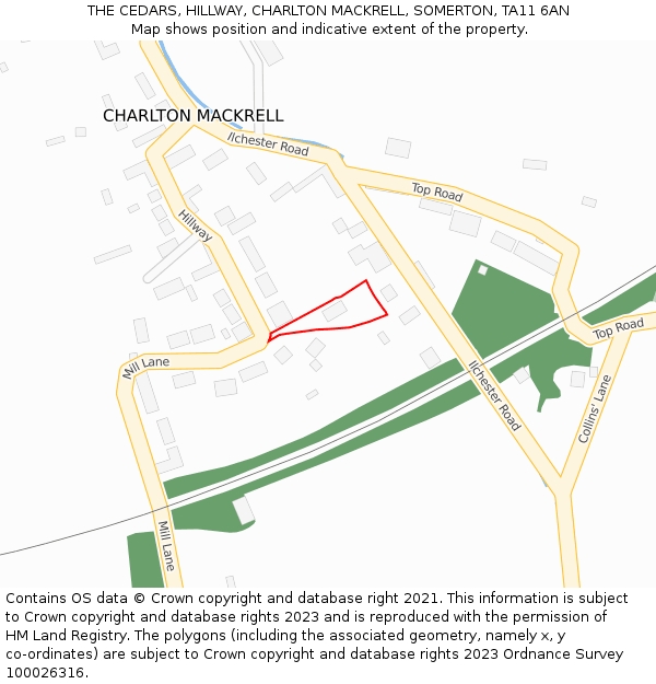 THE CEDARS, HILLWAY, CHARLTON MACKRELL, SOMERTON, TA11 6AN: Location map and indicative extent of plot