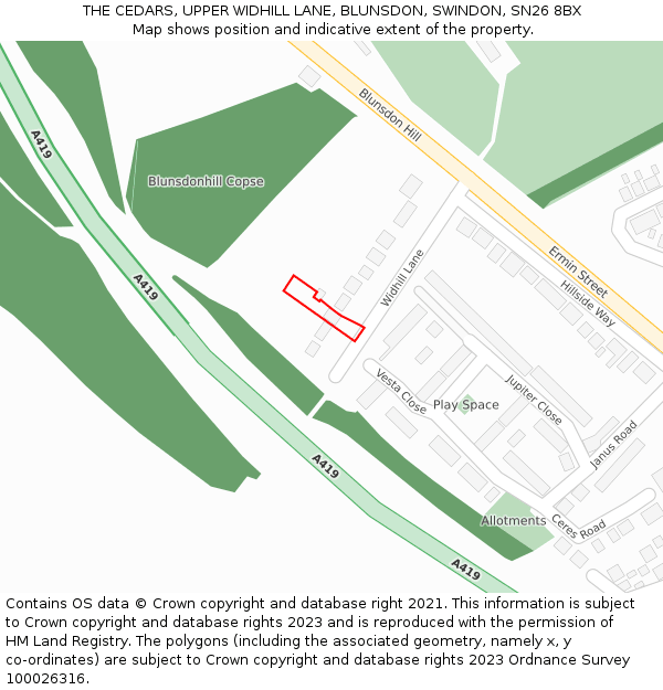 THE CEDARS, UPPER WIDHILL LANE, BLUNSDON, SWINDON, SN26 8BX: Location map and indicative extent of plot