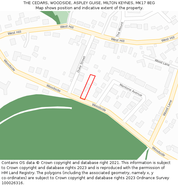 THE CEDARS, WOODSIDE, ASPLEY GUISE, MILTON KEYNES, MK17 8EG: Location map and indicative extent of plot