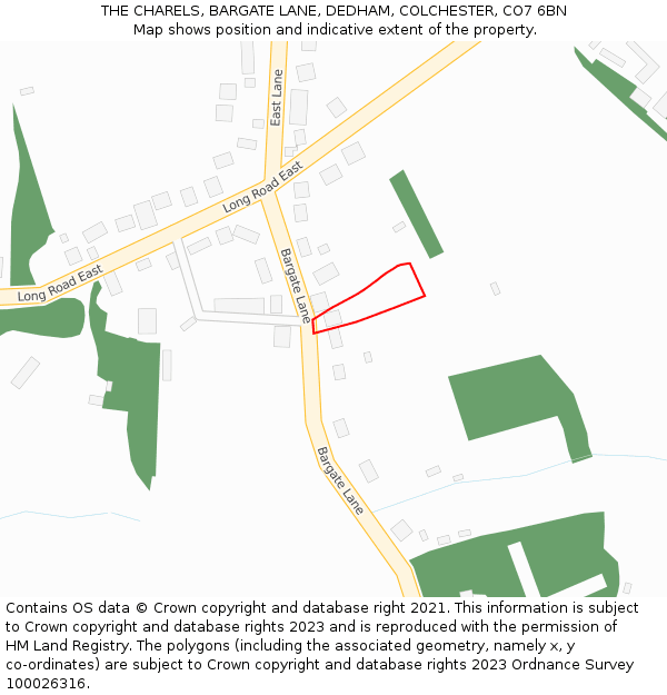 THE CHARELS, BARGATE LANE, DEDHAM, COLCHESTER, CO7 6BN: Location map and indicative extent of plot