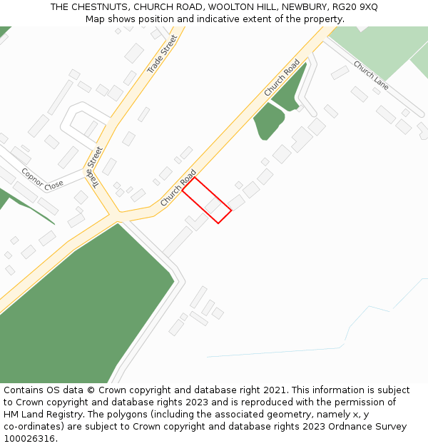 THE CHESTNUTS, CHURCH ROAD, WOOLTON HILL, NEWBURY, RG20 9XQ: Location map and indicative extent of plot