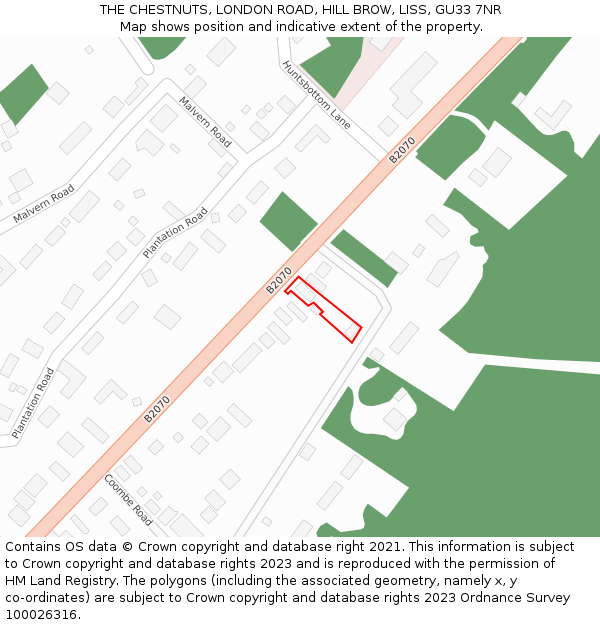 THE CHESTNUTS, LONDON ROAD, HILL BROW, LISS, GU33 7NR: Location map and indicative extent of plot