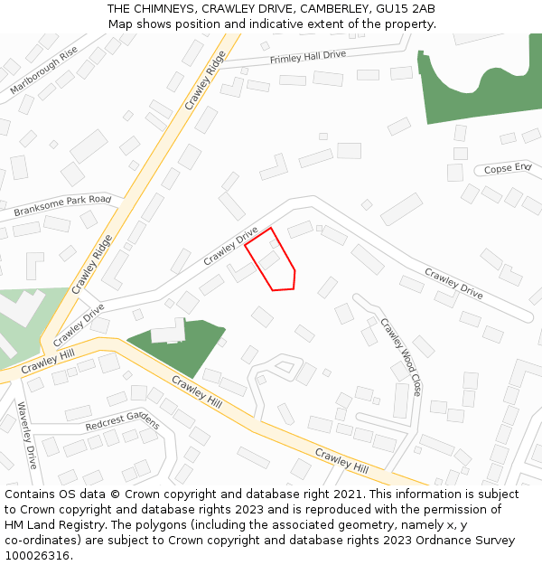 THE CHIMNEYS, CRAWLEY DRIVE, CAMBERLEY, GU15 2AB: Location map and indicative extent of plot