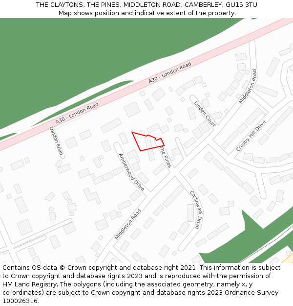 THE CLAYTONS, THE PINES, MIDDLETON ROAD, CAMBERLEY, GU15 3TU: Location map and indicative extent of plot