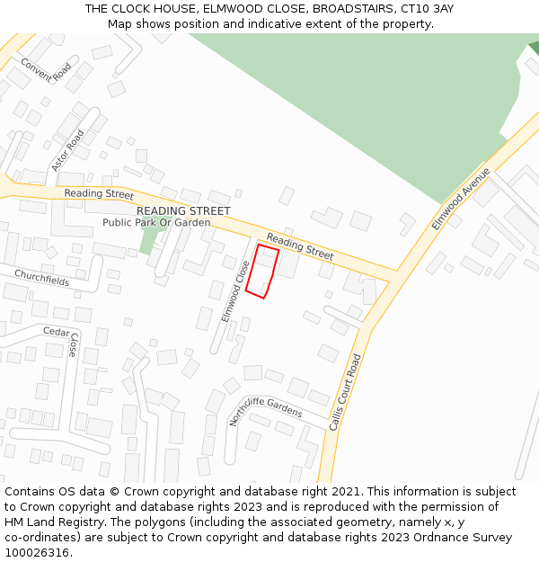 THE CLOCK HOUSE, ELMWOOD CLOSE, BROADSTAIRS, CT10 3AY: Location map and indicative extent of plot