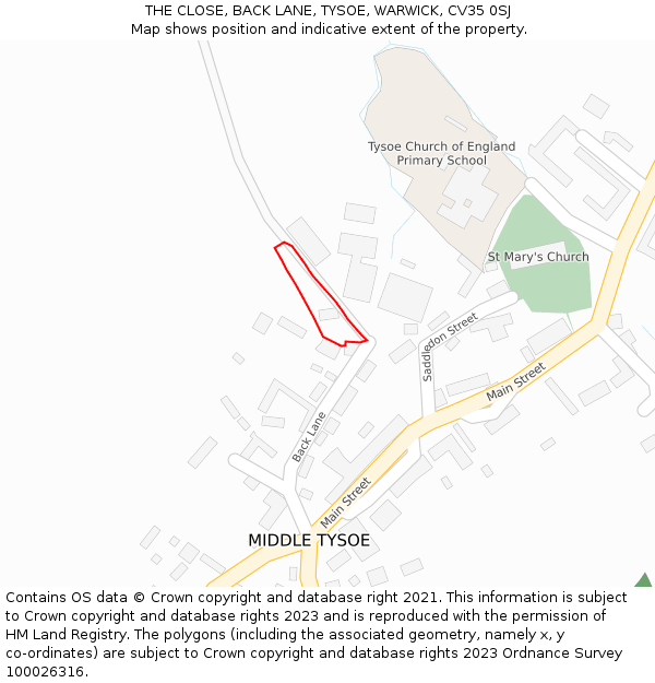 THE CLOSE, BACK LANE, TYSOE, WARWICK, CV35 0SJ: Location map and indicative extent of plot