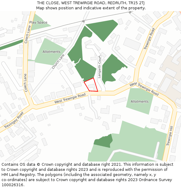 THE CLOSE, WEST TREWIRGIE ROAD, REDRUTH, TR15 2TJ: Location map and indicative extent of plot
