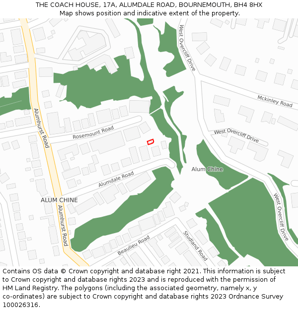 THE COACH HOUSE, 17A, ALUMDALE ROAD, BOURNEMOUTH, BH4 8HX: Location map and indicative extent of plot