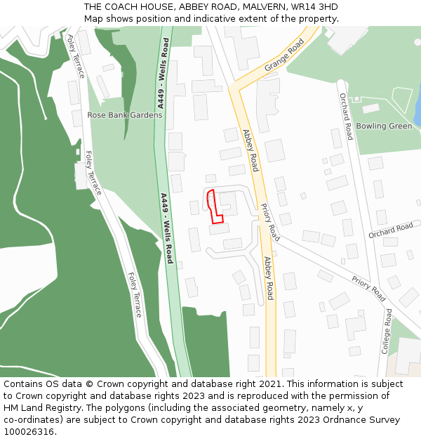 THE COACH HOUSE, ABBEY ROAD, MALVERN, WR14 3HD: Location map and indicative extent of plot