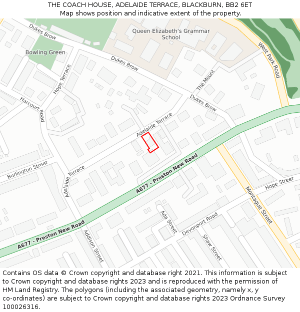 THE COACH HOUSE, ADELAIDE TERRACE, BLACKBURN, BB2 6ET: Location map and indicative extent of plot