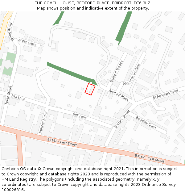 THE COACH HOUSE, BEDFORD PLACE, BRIDPORT, DT6 3LZ: Location map and indicative extent of plot