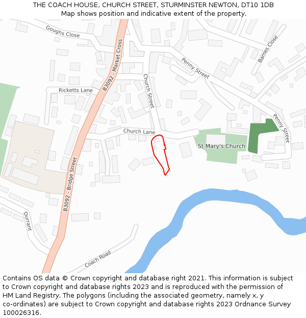 THE COACH HOUSE, CHURCH STREET, STURMINSTER NEWTON, DT10 1DB: Location map and indicative extent of plot