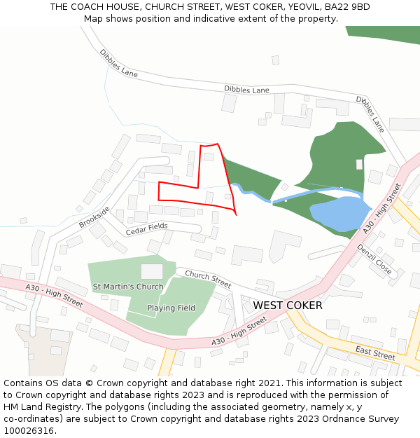 THE COACH HOUSE, CHURCH STREET, WEST COKER, YEOVIL, BA22 9BD: Location map and indicative extent of plot