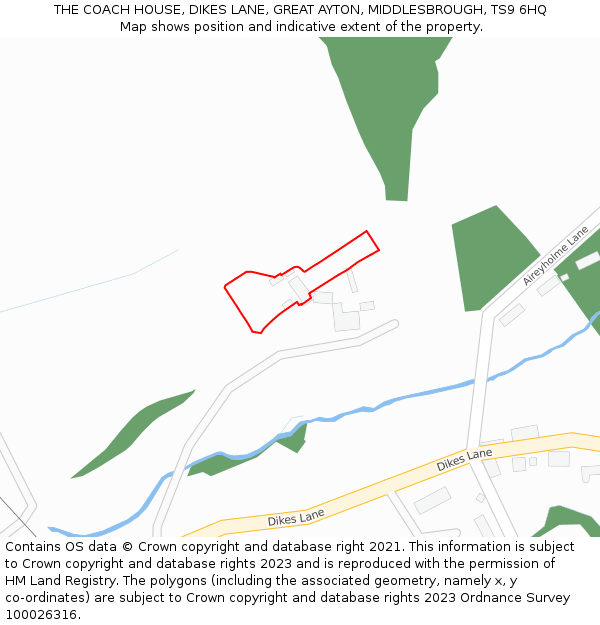 THE COACH HOUSE, DIKES LANE, GREAT AYTON, MIDDLESBROUGH, TS9 6HQ: Location map and indicative extent of plot