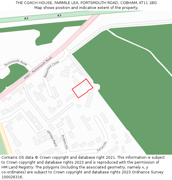 THE COACH HOUSE, FAIRMILE LEA, PORTSMOUTH ROAD, COBHAM, KT11 1BG: Location map and indicative extent of plot