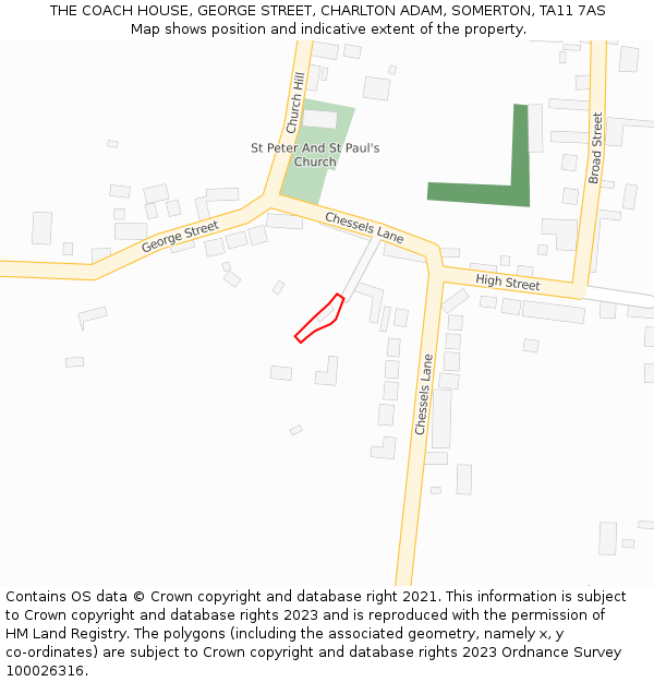 THE COACH HOUSE, GEORGE STREET, CHARLTON ADAM, SOMERTON, TA11 7AS: Location map and indicative extent of plot