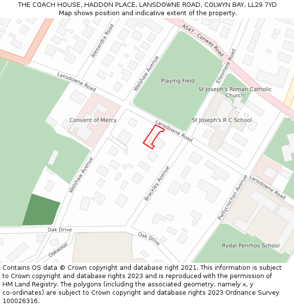 THE COACH HOUSE, HADDON PLACE, LANSDOWNE ROAD, COLWYN BAY, LL29 7YD: Location map and indicative extent of plot