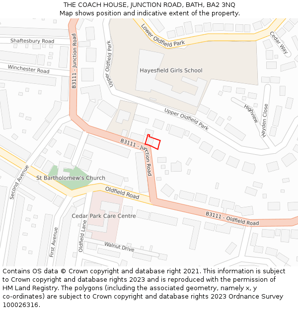 THE COACH HOUSE, JUNCTION ROAD, BATH, BA2 3NQ: Location map and indicative extent of plot
